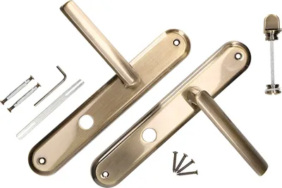 A set of door handles and installation accessories on a white background.