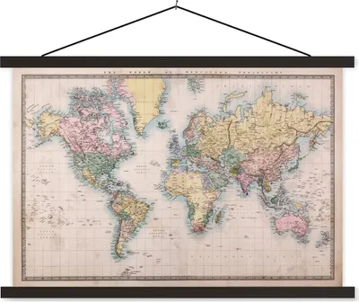 Produktbild von MuchoWow® Textilposter Weltkarte - Retro - Farben 60x40 cm mit schwarzem Rahmen - Hölzernes