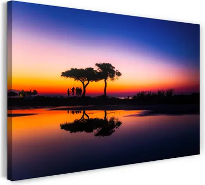 Produktbild von Leinwandbild (120x80cm): Landschaftsbilder Einsamme Bäume vor lila-rotem Himmel, echter Holz-Keilrahmen inkl. Aufhänger, handgefertigt in Deutschland