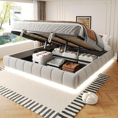 Immagine prodotto di Letto imbottito 180x200 cm senza testiera, con struttura a sollevamento idraulico, spazio contenitore e striscia LED, rivestito in velluto bianco/grigio, ideale per la camera da letto