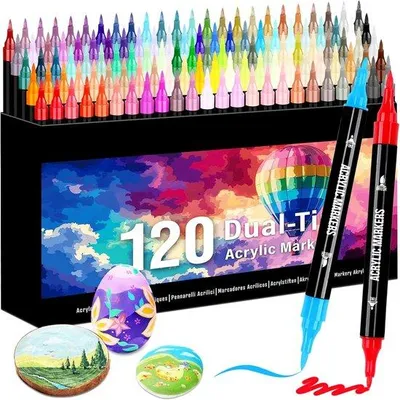 Produktbild von PromoHome® Acrylstift-Set 120 Farben – Acrylmarker mit Doppelspitze (Fein & Pinsel) für Kinder und Erwachsene
