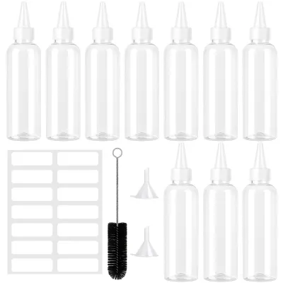 10 Kunststoff-Knijpflaschen 100 ml mit Trichtern & Etiketten