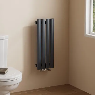 A dark grey vertical radiator is mounted on a light beige wall next to a white toilet in a bathroom.