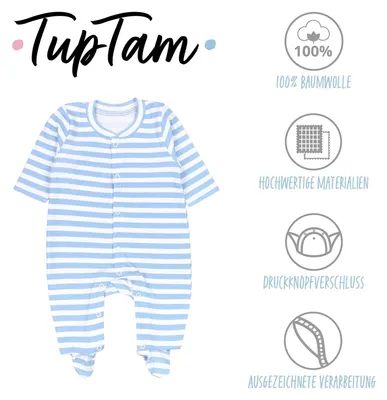 Productafbeelding van TupTam babyjongens slaapset, lang袖, pyjama met voetjes, 3-delig, kleur: blauw, grijs, strepen, dinosaurus, maat: 74