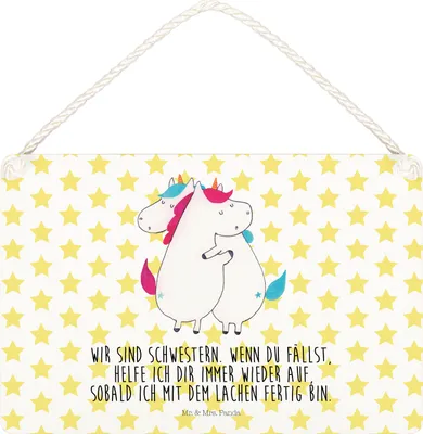 Produktbild von Mr. & Mrs. Panda Schild Einhörner Umarmen DIN A5 - Weiß - Geschenk, Unicorn, Liebe, Wandbild Holz, Freundin, holzbild, Holzschild, Schwester, Familie, Einhorn, Türschild