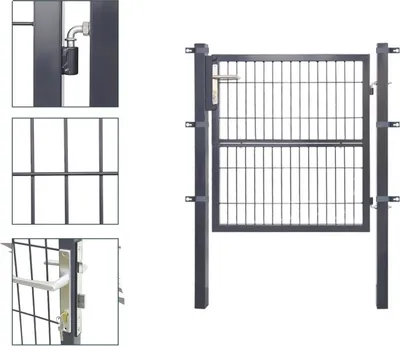 A dark gray metal garden gate with a wire mesh infill, shown attached to a post. The gate has a silver handle and latch mechanism. There are also inset images showing details of the gate's construction and hardware.