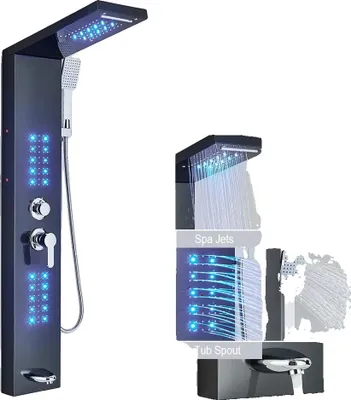 Zdjęcie produktu dla Panel prysznicowy, głowica prysznicowa z deszczownicą, cyfrowy wyświetlacz temperatury, czarny-F-6002