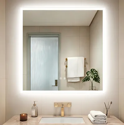 Zdjęcie produktu dla Lustro łazienkowe LED WISFOR, 80x80 cm, z oświetleniem, CRI 95+, antyfogging, funkcja pamięci, możliwość regulacji jasności, klasa szczelności IP66