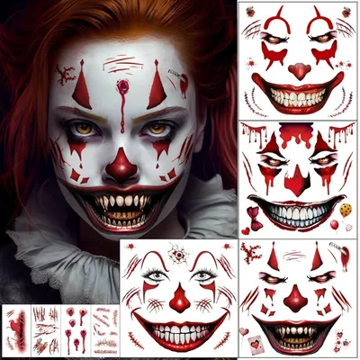 Obrázek produktu pro Halloweenové tetování, 8 kusů: děsivý klaun, jizvy, rány, kostra, zombie, kostým, make-up