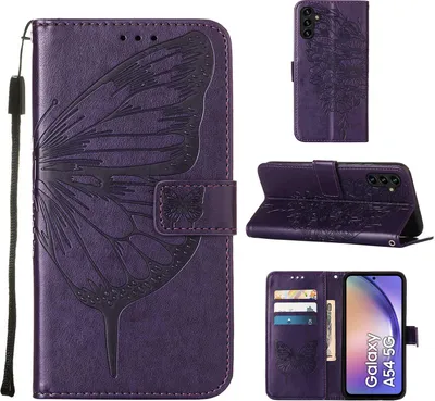 Produktbild von Lederhülle für Samsung Galaxy A54 Schmetterling Prägung Flip Ledertasche Kartenfächer Handyhülle mit Ständer Lila