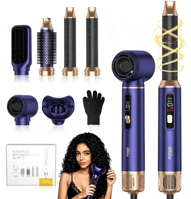 Produktbild von UKLISS 6-in-1-Haarstyler, 1000 W, mit Diffusor, Rundbürste, Luftlockenstab, Glättbürste, Blau