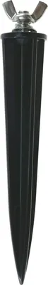 A black plastic ground spike with a silver wingnut on top, isolated on a white background.