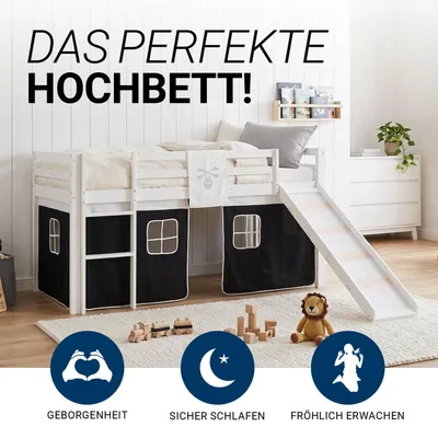 Produktbild von Homestyle4u Hochbett 90x200 Kinder mit Rutsche mit Lattenrost mit Matratze Standard 100 Schwarz Pirat Junge Kinderbett Weiß Rausfallschutz