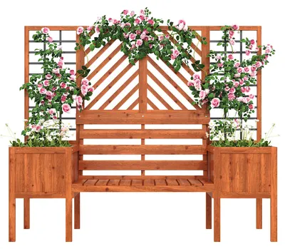 Produktbild von Pflanzkübel, Pflanzgefäß mit Spalier als Rankhilfe, Blumenkübel mit viel Platz, Blumenkasten Pflanzenkasten, Braun Massivholz Tanne, Pflanzkübel mit Spalier und Sitz für Garten Hof Terrasse