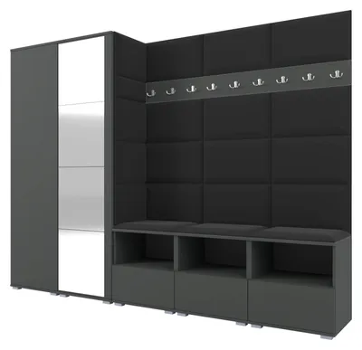 Produktbild von Garderobe NELA VII 250 cm Modulare Flurmöbel XL Graphit mit Spiegel & Sitzpolster Schwarz 16 (Universell)