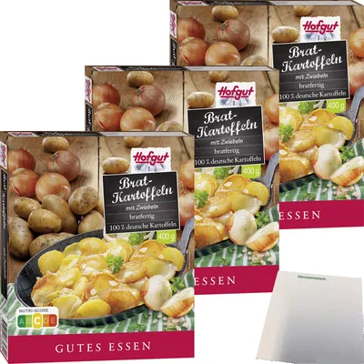 Produktbild von Hofgut Bratkartoffeln mit Zwiebeln 3er Pack (3x400g Packung) + usy Block
