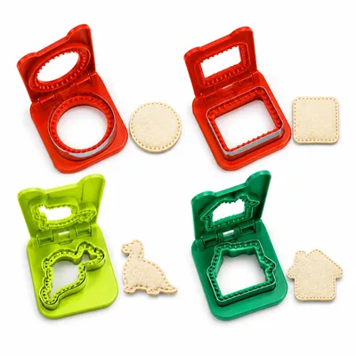 Produktbild von Sandwich Ausstecher Kinder 4er Set, Sandwichformer mit Edelstahl-Schneidekante, Brot Ausstecher für Lunchbox, Bento, Frühstück, Dino Haus Rund Quadrat