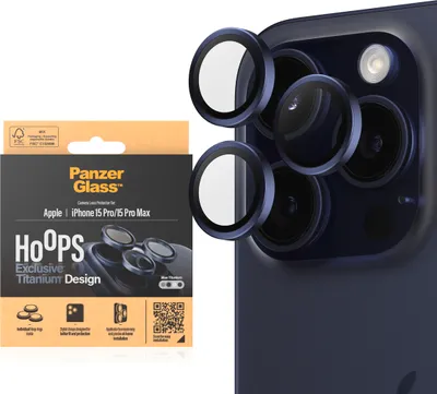 Obrázok produktu pre PanzerGlass ® Hoops® Titanium Camera Lens Protector Blue iPhone 15 Pro | 15 Pro Max, Apple, Apple - iPhone 15 Pro, Apple - iPhone 15 Pro Max, Suché aplikovanie, Odolné proti poškriabaniu, Odolný proti nárazom, Priehľadná, 1 kusov