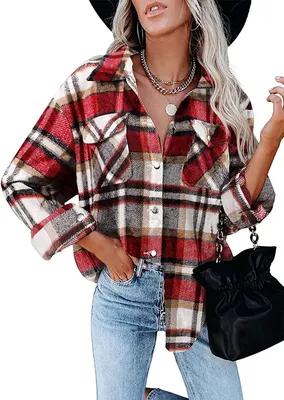 Produktbild von ASKSA Damen Bluse Kariert Hemdjacke Knöpfe Langarm Strickjacke Jacke Freizeithemd, Rot, S