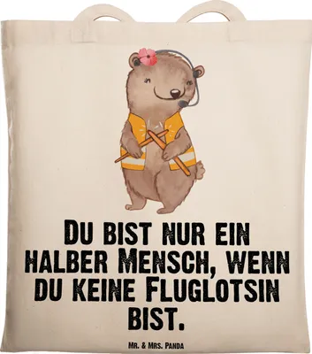 Produktbild von Mr. & Mrs. Panda Jutebeutel Fluglotsin Herz - Transparent - Geschenk, Laptoptasche, Lustig, Spruch, Stoffbeutel, Beruf, Uni Tasche, Ausbildung, Tote Bag, Flugsicherung