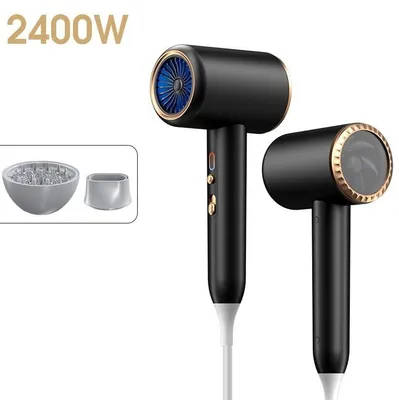 Two black hairdryers with gold accents are displayed against a white background. One hairdryer is shown from the front, and the other from the side. A small inset shows two attachments for the hairdryer.