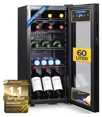A black wine cooler with its door open, showing multiple shelves filled with bottles and cans. There are various labels and stickers on the cooler and the door.