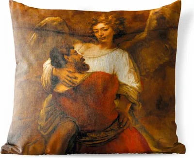 Produktbild von MuchoWow® Outdoor Kissen - Jakob im Ringkampf mit einem Engel - Gemälde von Rembrandt van Rijn - 40x40 cm - Wetterfest - Lounge Kissen - Kopfkissen - Interieur - Polster mit Bild