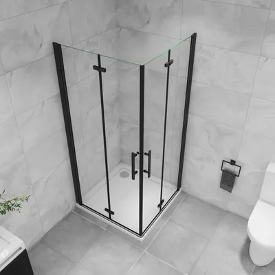Produktbild von B.100x80cm H.185cm  Schwarz Falttür eckdusche Duschkabinen 6mm NANO ESGglas Pendeltür Duschabtrennung Eckeinstieg Dusche