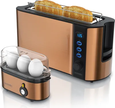 Produktbild von Arendo Frühstücksset, 2-Scheiben Langschlitztoaster, Eierkocher THREECOOK, Kupfer