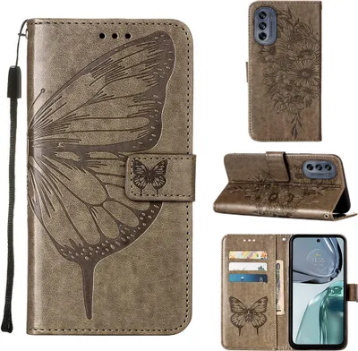 Produktbild von Moto G62 5G Hülle, Schmetterling Prägung Flip Leder Kartenfächer Schutzhülle Ledertasche mit Ständer für Motorola Moto G62 5G Grau