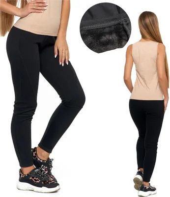 A collage of two images showing a woman wearing black leggings and a beige top. One image shows the front of the leggings and the other shows the back. A close-up inset shows the fleece lining of the leggings.