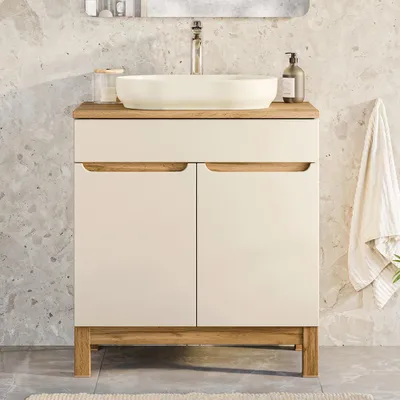 Produktbild von Badezimmer-Waschtisch 80 cm in kaschmir und Eiche, Aufsatzbecken, 2-türig - SOLNA-56-CASHMERE