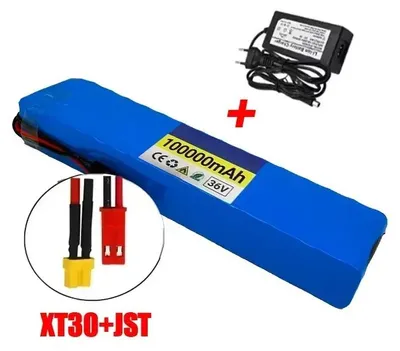 Obrázok produktu pre 36V 100Ah lítiovo-iónová batéria – 10S3P zostava článkov 18650 – 1000 W s BMS – Vhodné pre elektrické bicykle, skútre, hoverboardy – Opakovane nabíjateľné – S nabíjačkou – Konektory XT30 JST