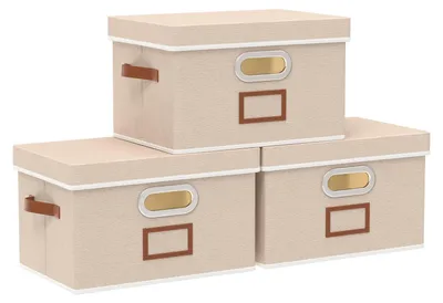 Productafbeelding van Opbergbox met deksel en handvat, inklapbare opbergbox van stof, opbergmanden met etiketvak, 32 x 23 x 20 cm, beige