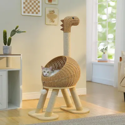 Produktbild von Kratzbaum Katzenbett in Dinosaurierform mit 5 Sisal-Kratzsäulen 115cm, 40cm halboffenes Weidennest, komfortable Katzenhöhle