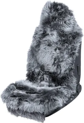 A gray sheepskin car seat cover is shown on a car seat.