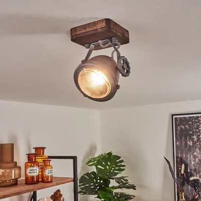 Produktbild von Biati »Biati« Zimmerlampe in Metall und Holz in Braun und Grau, Glasschirm