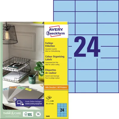 Produktbild von Avery Zweckform 3449 Farbige Etiketten, A4, 70 x 37 mm, 100 Bogen/2.400 Etiketten, blau