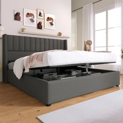 Immagine prodotto di Letto imbottito - 140 x 200 cm, grigio, in velluto e legno massello, con contenitore a sollevamento idraulico, con spazio contenitivo, dotato di testiera imbottita