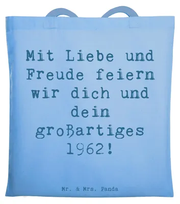 Produktbild von Mr. & Mrs. Panda Tote Bag Spruch 1962 Geburtstag - Sky Blue - Geschenk, Uni Tasche, Jutetasche, besonderer Jahrgang, Liebe, Geburtstagsgeschenk, Stoffbeutel, Alter