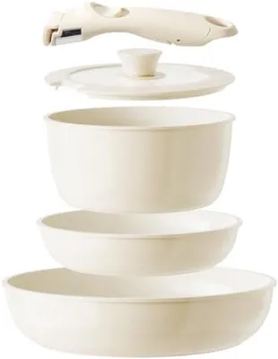 Produktbild von PolkaHome® Keramisches Kochgeschirr-Set mit abnehmbarem Griff, antihaftbeschichtet, 3-teilig, Induktion, 450 °C ofenfest, Weiß