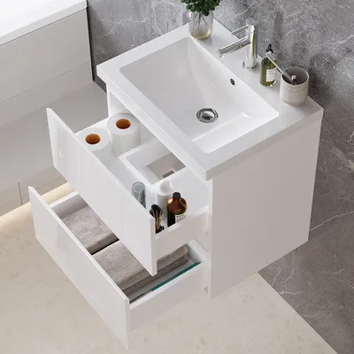 Produktbild von 50 cm Badmöbel-Set Unterschrank mit Mineralguss waschtisch 2 Schubladen soft-close Hochglanz Weiß Selbstmontierter