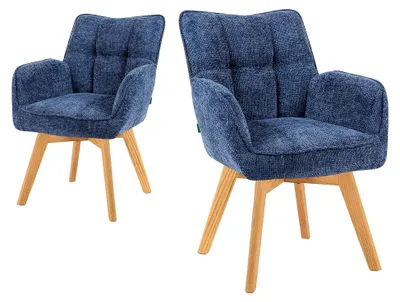 Produktbild von Esszimmerstühle 2er Set drehbar mit Taschenfederkern, hoher Sitzkomfort, bis 150 kg belastbar, abriebfester Stoff Blau, Massivholzgestell aus Eiche geölt