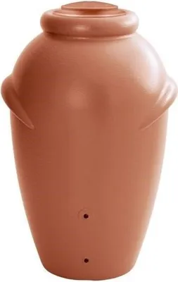 A terracotta-colored rain barrel shaped like an amphora.