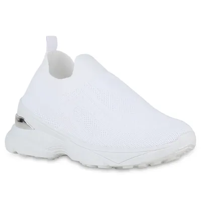 A white slip-on sneaker is shown against a white background.