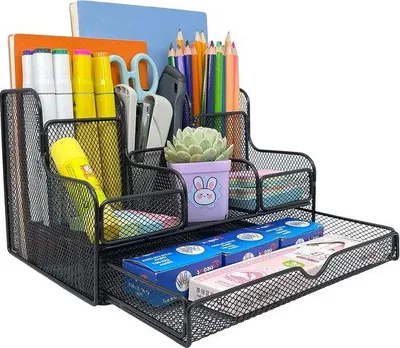 Imagen del producto de Organizador de escritorio Unyqoos® de metal: portalápices con 7 compartimentos, grande, color . Organizador multifuncional para oficina y escuela