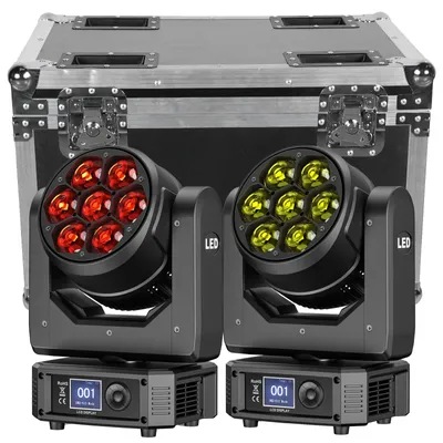 Zdjęcie produktu dla Reflektory ruchome - 350 W. Reflektory ruchome typu "moving head" - 7 x 50 W diod LED RGBW - sterowanie DMX - zestaw 2 sztuk z walizką transportową - napięcie 90–240 V - wtyczka EU