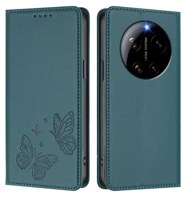 Image de Étui en cuir pour Xiaomi 17 Ultra, étui de protection type portefeuille en cuir gaufré « papillon » avec support, vert