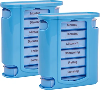 Produktbild von 2x WELLGRO Tablettenbox für 7 Tage - je 4 Fächer pro Tag, 11,5 x 4,5 x 13 cm (BxTxH) - Farbe wählbar, Farbe:Hellblau