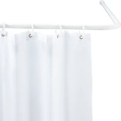 A white shower curtain hanging from a white shower curtain rod.